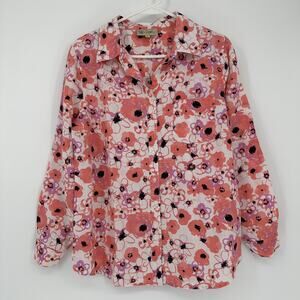 DG2 Shirt Womens Small Pink Floral 100% Linen Preppy Summer Business Casual